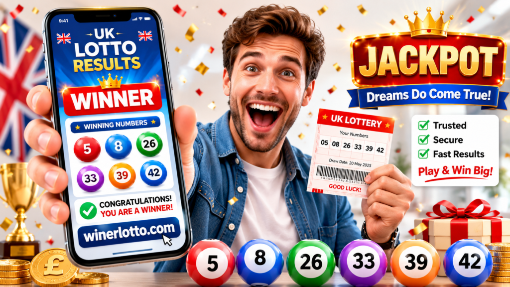 ### 🎉 UK Lotto Winner Celebration Celebrate the excitement of a winning UK Lotto ticket! 🎉📱 A delighted winner holds a glowing smartphone and lottery ticket featuring the numbers **5, 8, 26, 33, 39, 42**, surrounded by colorful lottery balls, gold and red confetti, and a bright jackpot celebration. **Keywords:** UK Lotto, Lotto Results, lottery winner, winning numbers, jackpot, lottery ticket, UK lottery, winner celebration, lucky numbers, lottery balls, jackpot winner, lottery results, winning ticket, lottery jackpot, winner announcement **Hashtags:** #UKLotto #LottoResults #LotteryWinner #WinningNumbers #Jackpot #LotteryTicket #UKLottery #LuckyNumbers #JackpotWinner #LotteryResults