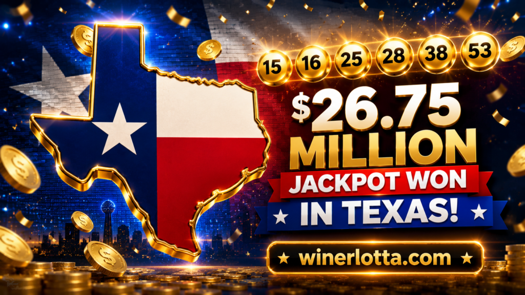 ### 🎉 $26.75 Million Texas Jackpot Won! A spectacular Texas lottery celebration featuring a glowing Texas-shaped design, golden lottery balls with the winning numbers **15, 16, 25, 28, 38, 53**, and the headline **“$26.75 MILLION JACKPOT WON IN TEXAS!”** 🇺🇸💰 Gold coins, sparkling confetti, and a Texas flag-inspired background create a bright, cinematic jackpot atmosphere, with **winerlotta.com** prominently displayed at the bottom. **Keywords:** Texas Lottery, Texas jackpot, $26.75 million jackpot, winning numbers, lottery results, jackpot winner, lottery balls, Texas lottery numbers, lottery jackpot, winning ticket, lottery news, Texas lottery winner **Hashtags:** #TexasLottery #TexasJackpot #LotteryResults #WinningNumbers #JackpotWinner #LotteryWinner #MegaJackpot #LotteryNews #WinningTicket #Jackpot